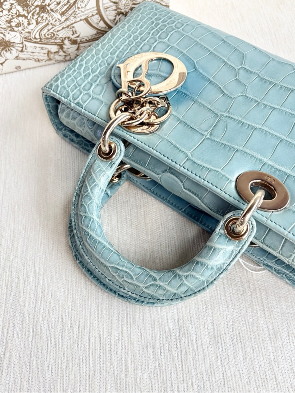 Dior  | D-Joy Medium Crocodile Mint Blue Croc-Embossed Leather Top-Handle Bag - Picture 9 of 9